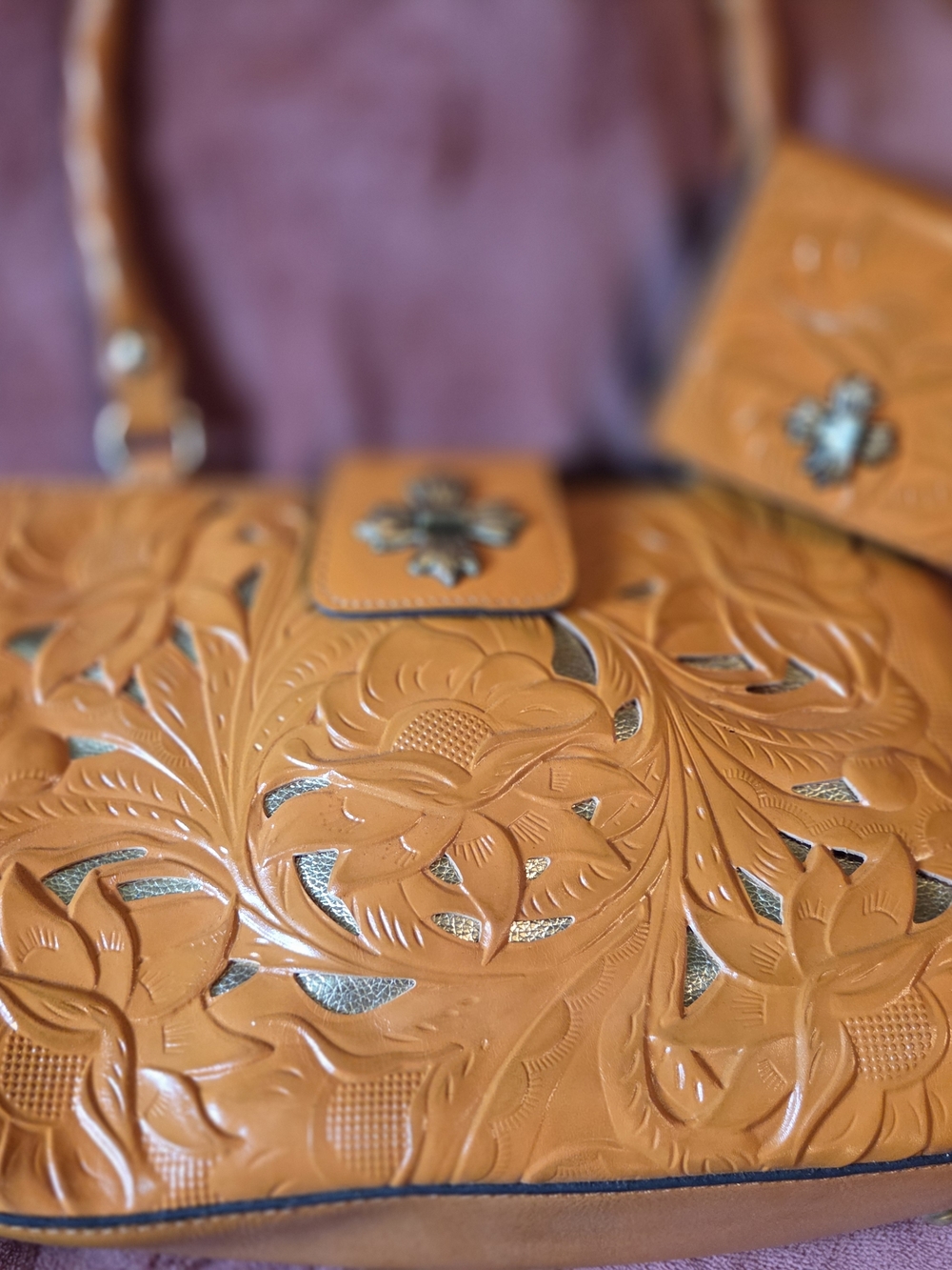 Patricia Nash Tan Floral Tooled Shoulder Bag with Silver Accents